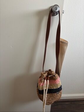 Roxy Striped Woven Drawstring Crossbody - Pink, Black & Tan